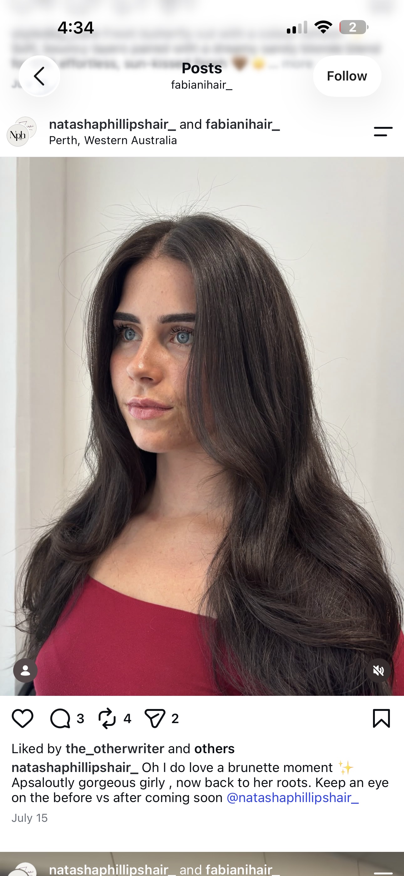 Long softly layered dark brunette hair